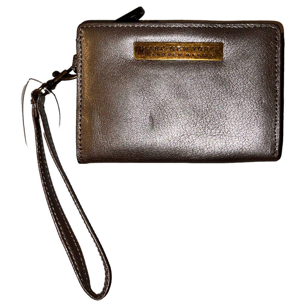 Marc New York Andrew Marc Metallic Pewter Leather Wristlet Wallet ID Window